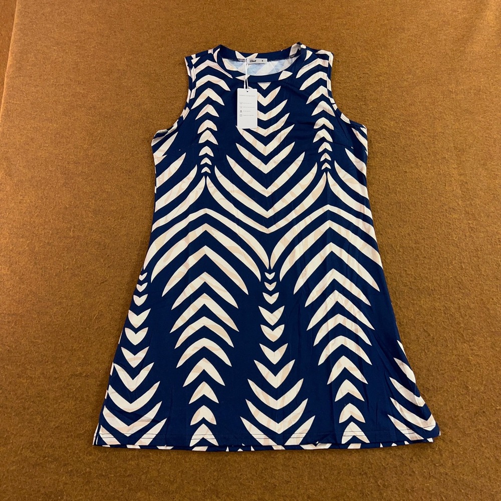 Wiholl Womens Medium Blue Chevron Print Sleeveless A-Line Mini Tank Dress NWT